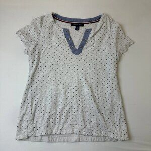 Tommy Hilfiger Shirt Womens Medium White Blue Polka Dot Short Sleeve Casual Top
